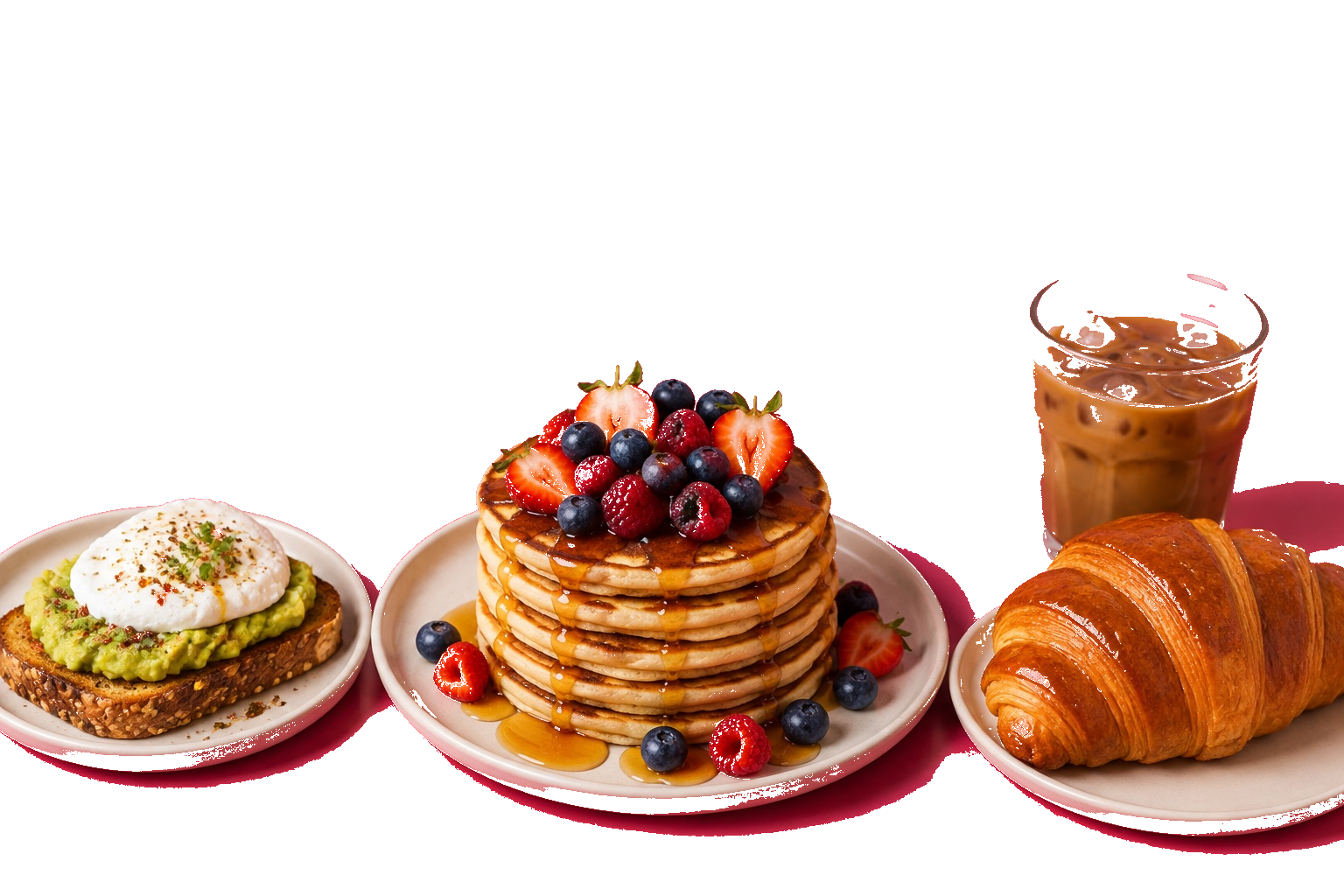 Pancakes, tartine d'avocat et croissant sur une table, ambiance brunch.